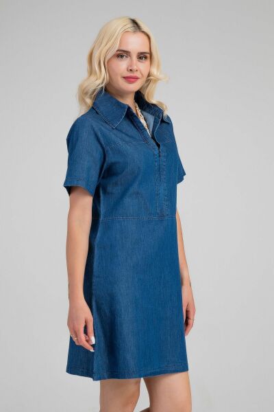 Kadın İndigo Yarım Pat Fermuarlı Kısa Kollu Gömlek Yakalı İnce Kot  Elbise indigo koyu mavi - 2XL