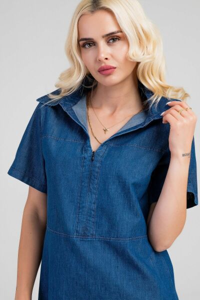 Kadın İndigo Yarım Pat Fermuarlı Kısa Kollu Gömlek Yakalı İnce Kot  Elbise indigo koyu mavi - 2XL