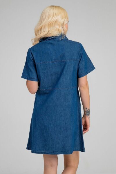 Kadın İndigo Yarım Pat Fermuarlı Kısa Kollu Gömlek Yakalı İnce Kot  Elbise indigo koyu mavi - 2XL