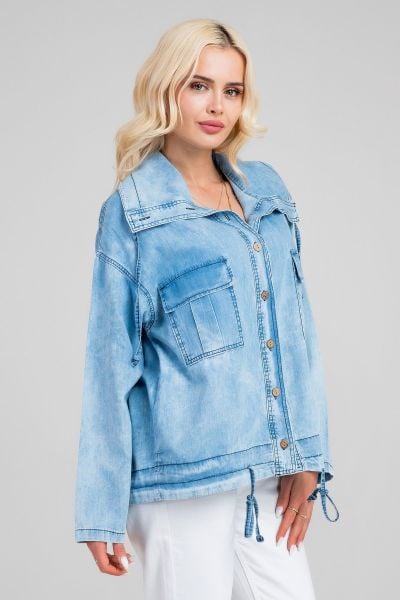 Kadın indigo Renk Bleach Yıkama Cepli  Büyük Yakalı Düğmeli İnce Lyocell Kumaş Kot Ceket XL - indigo açık mavi