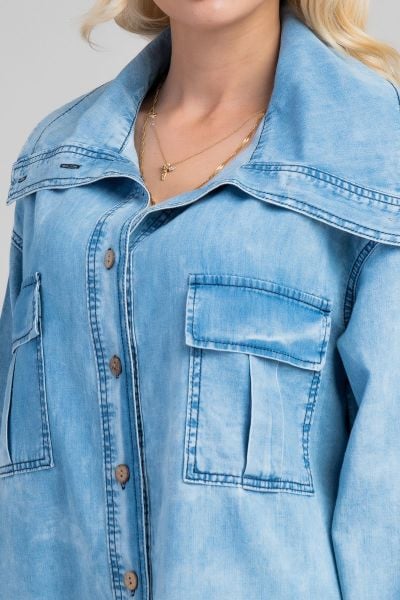 Kadın indigo Renk Bleach Yıkama Cepli  Büyük Yakalı Düğmeli İnce Lyocell Kumaş Kot Ceket XL - indigo açık mavi