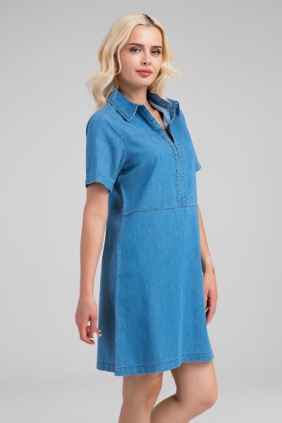 Kadın İndigo Yarım Pat Fermuarlı Kısa Kollu Gömlek Yakalı İnce Kot  Elbise indigo açık mavi - 3XL