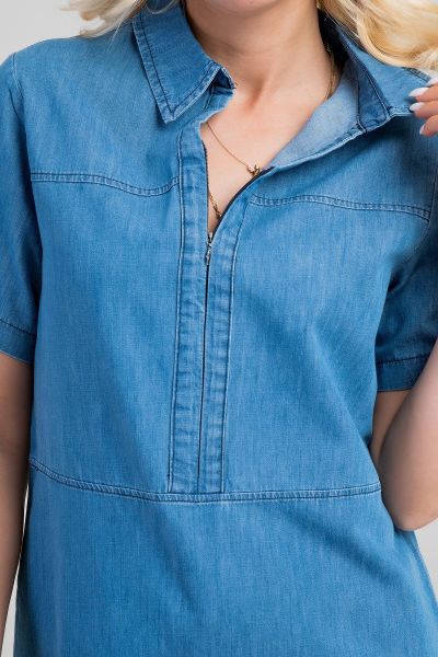 Kadın İndigo Yarım Pat Fermuarlı Kısa Kollu Gömlek Yakalı İnce Kot  Elbise indigo açık mavi - 3XL
