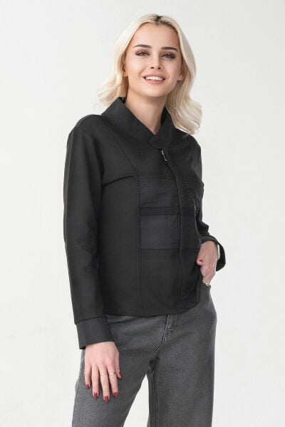 Kadın Pamuk Likralı Kumaş İle Krınkıl Tekno Kumaş Kombinli Fermuarlı Sweatshirt Ceket Siyah - L