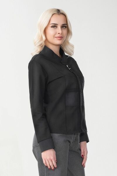 Kadın Pamuk Likralı Kumaş İle Krınkıl Tekno Kumaş Kombinli Fermuarlı Sweatshirt Ceket Siyah - L