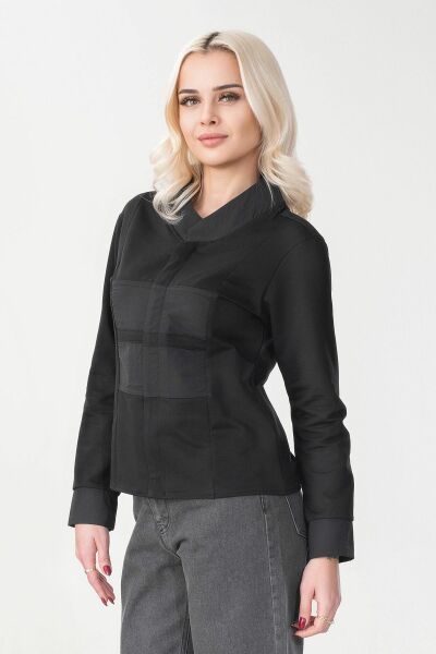 Kadın Pamuk Likralı Kumaş İle Krınkıl Tekno Kumaş Kombinli Fermuarlı Sweatshirt Ceket Siyah - L