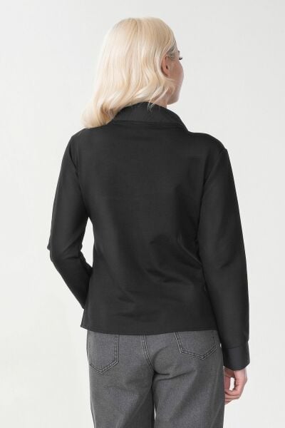 Kadın Pamuk Likralı Kumaş İle Krınkıl Tekno Kumaş Kombinli Fermuarlı Sweatshirt Ceket Siyah - L