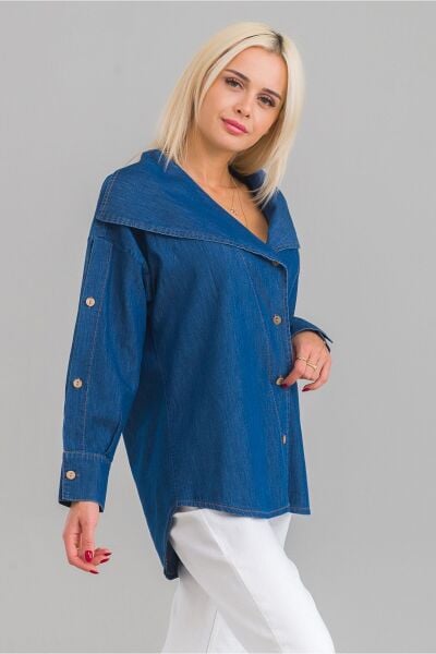 Kadın Pamuklu Denim Kumaş Kol Yırtmaç Düğmeli Büyü Yaka Kot Gömlek indigo - L