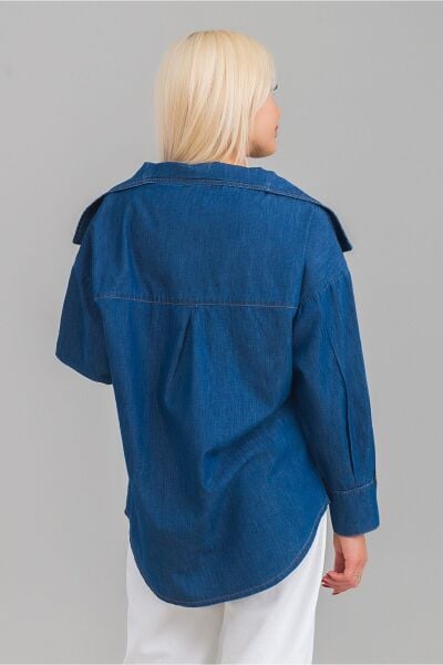 Kadın Pamuklu Denim Kumaş Kol Yırtmaç Düğmeli Büyü Yaka Kot Gömlek indigo - L