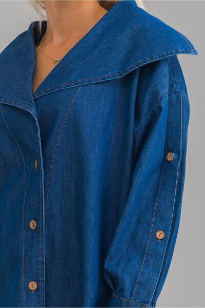 Kadın Pamuklu Denim Kumaş Kol Yırtmaç Düğmeli Büyü Yaka Kot Gömlek indigo - L