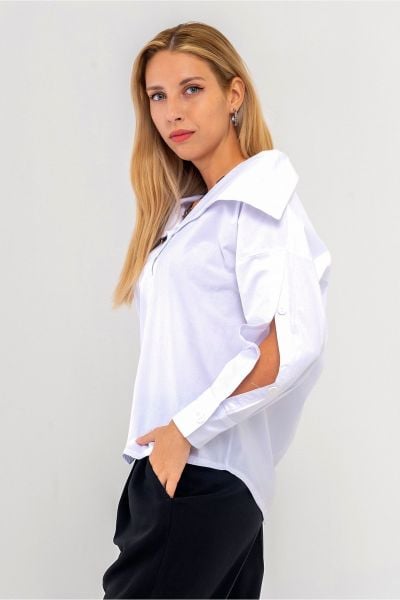 Kadın Pamuklu Denim Kumaş Kol Yırtmaç Düğmeli Büyü Yaka Kot Gömlek Beyaz - L