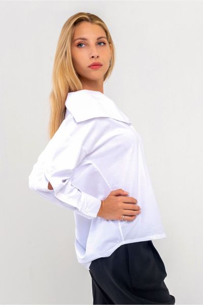 Kadın Pamuklu Denim Kumaş Kol Yırtmaç Düğmeli Büyü Yaka Kot Gömlek Beyaz - L