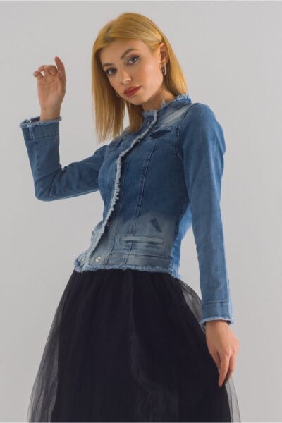 Kadın Power Strech Çıt Çıtlı Slim Fit Denim Ceket Mavi - 42