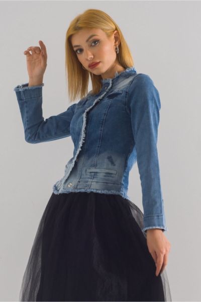 Kadın Power Strech Çıt Çıtlı Slim Fit Denim Ceket Mavi - 42