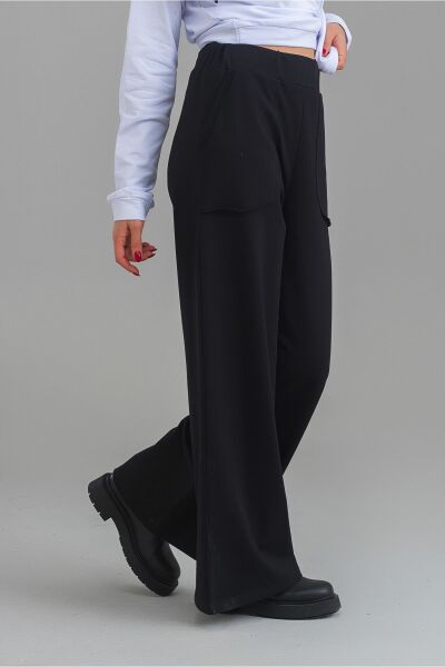 Kadın Siyah Renk Viskon Polyester Likralı Cepli Bol Paça Beli Lastikli Pantolon Siyah - XL