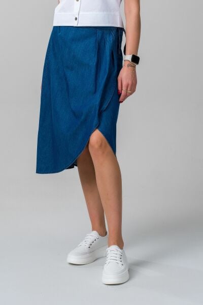 Kadın  Anvelop Kuşaklı Düğmeli  İnce Denim Kumaş Kot Etek S - indigo koyu mavi