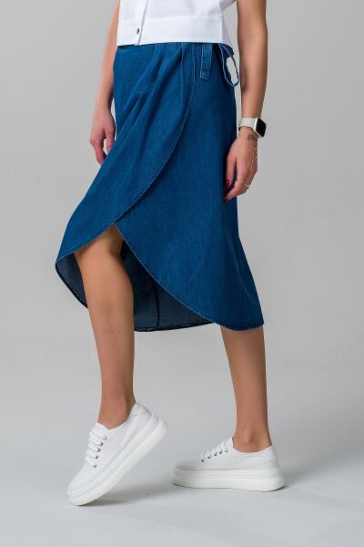 Kadın  Anvelop Kuşaklı Düğmeli  İnce Denim Kumaş Kot Etek S - indigo koyu mavi