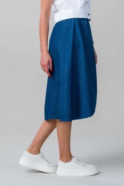 Kadın  Anvelop Kuşaklı Düğmeli  İnce Denim Kumaş Kot Etek S - indigo koyu mavi
