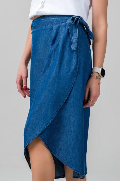 Kadın  Anvelop Kuşaklı Düğmeli  İnce Denim Kumaş Kot Etek S - indigo koyu mavi