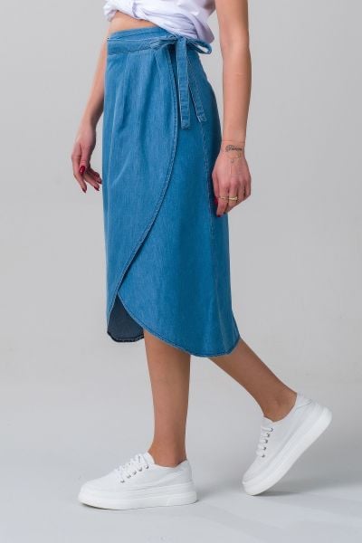 Kadın  Anvelop Kuşaklı Düğmeli  İnce Denim Kumaş Kot Etek S - indigo açık mavi