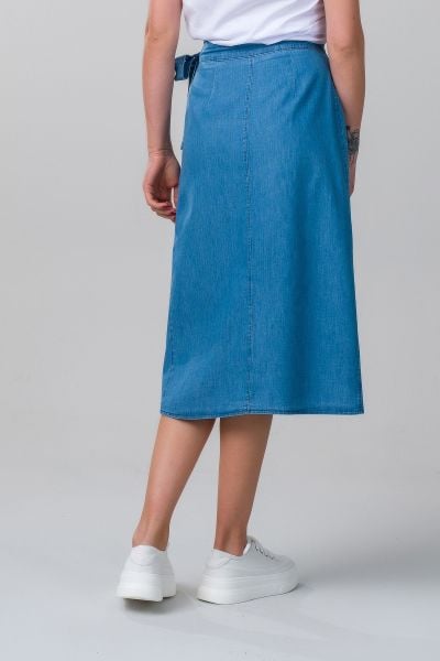 Kadın  Anvelop Kuşaklı Düğmeli  İnce Denim Kumaş Kot Etek S - indigo açık mavi