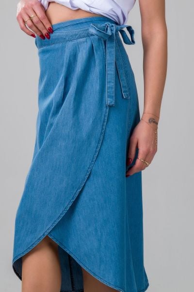 Kadın  Anvelop Kuşaklı Düğmeli  İnce Denim Kumaş Kot Etek S - indigo açık mavi