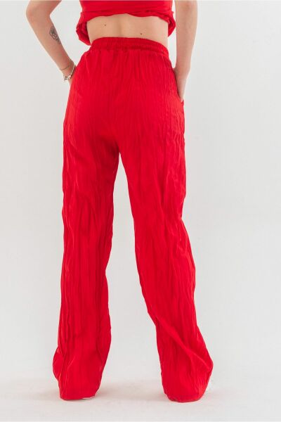 Kraşlı Cepli Beli Lastikli Viskon Polyester Dokuma Pantolon Kırmızı - S