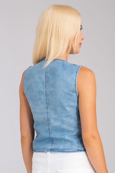 Kadın Bleach Yıkama  Lyocell İnce Denim Kumaş Kot Yelek bleach yıkama - L