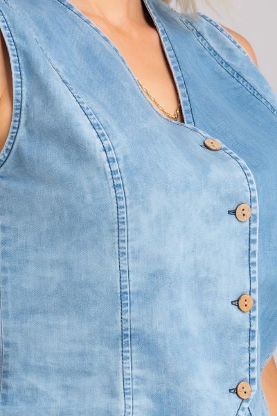 Kadın Bleach Yıkama  Lyocell İnce Denim Kumaş Kot Yelek bleach yıkama - L