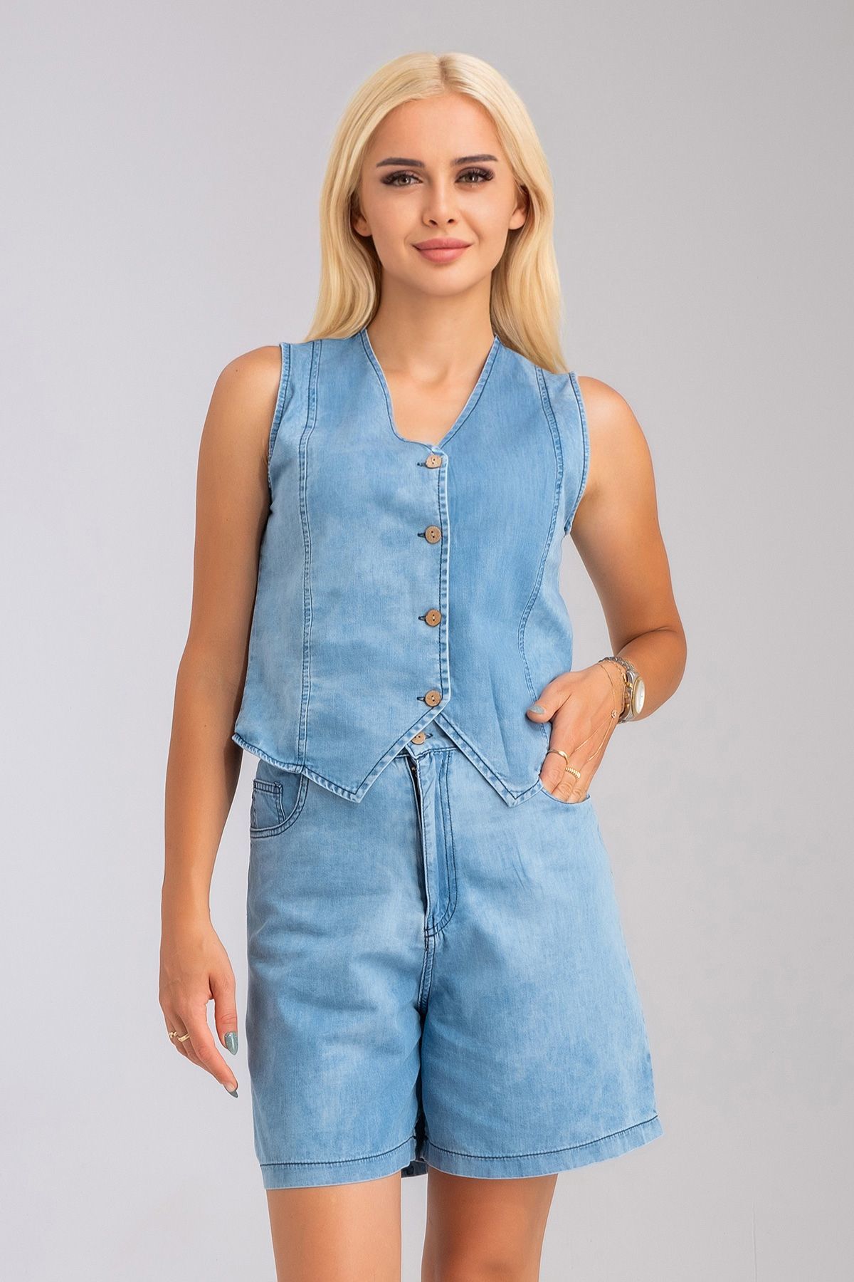 Kadın Beş Cepli Bleach Yıkama  Lyocell İnce Denim Kumaş Kot Şort M - bleach yıkama