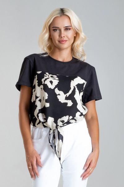 Kadın Bağlamalı Baskılı Viskon Kombinli Likralı Örme Kumaş Sıfır Yaka Tshirt XL - siyah-siyah ekru baskı