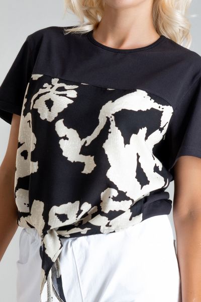 Kadın Bağlamalı Baskılı Viskon Kombinli Likralı Örme Kumaş Sıfır Yaka Tshirt XL - siyah-siyah ekru baskı