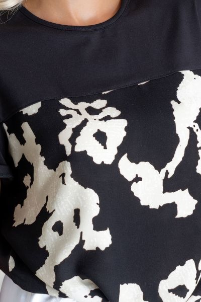 Kadın Bağlamalı Baskılı Viskon Kombinli Likralı Örme Kumaş Sıfır Yaka Tshirt XL - siyah-siyah ekru baskı