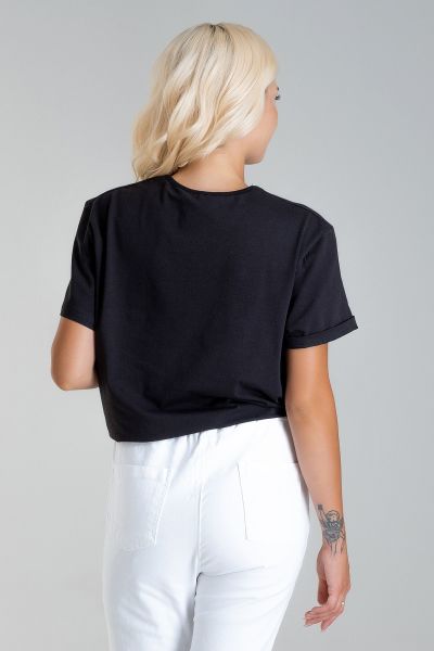 Kadın Bağlamalı Baskılı Viskon Kombinli Likralı Örme Kumaş Sıfır Yaka Tshirt XL - siyah-siyah ekru baskı