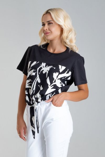 Kadın Bağlamalı Baskılı Viskon Kombinli Likralı Örme Kumaş Sıfır Yaka Tshirt XL - siyah-siyah baskı