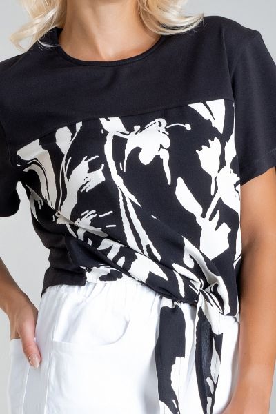 Kadın Bağlamalı Baskılı Viskon Kombinli Likralı Örme Kumaş Sıfır Yaka Tshirt XL - siyah-siyah baskı