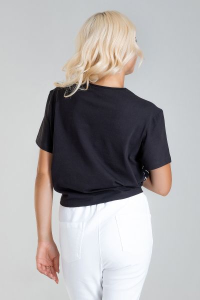 Kadın Bağlamalı Baskılı Viskon Kombinli Likralı Örme Kumaş Sıfır Yaka Tshirt XL - siyah-siyah baskı