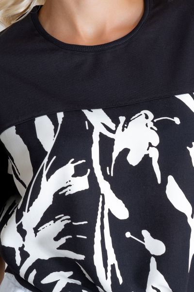 Kadın Bağlamalı Baskılı Viskon Kombinli Likralı Örme Kumaş Sıfır Yaka Tshirt XL - siyah-siyah baskı