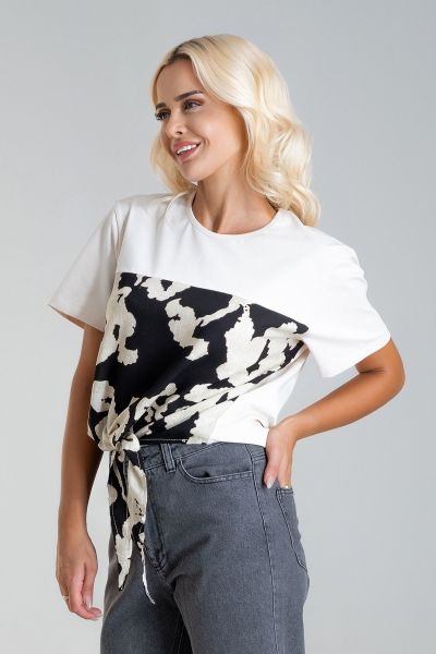 Kadın Bağlamalı Baskılı Viskon Kombinli Likralı Örme Kumaş Sıfır Yaka Tshirt M - ekru -siyah ekru baskı