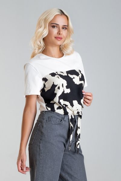 Kadın Bağlamalı Baskılı Viskon Kombinli Likralı Örme Kumaş Sıfır Yaka Tshirt M - ekru -siyah ekru baskı