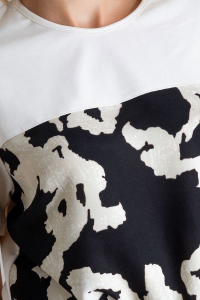 Kadın Bağlamalı Baskılı Viskon Kombinli Likralı Örme Kumaş Sıfır Yaka Tshirt M - ekru -siyah ekru baskı