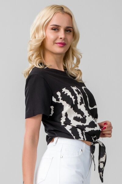Kadın Bağlamalı Baskılı Viskon Kombinli Likralı Örme Kumaş Sıfır Yaka Tshirt XL - Siyah