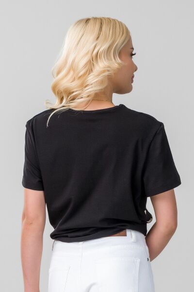 Kadın Bağlamalı Baskılı Viskon Kombinli Likralı Örme Kumaş Sıfır Yaka Tshirt XL - Siyah