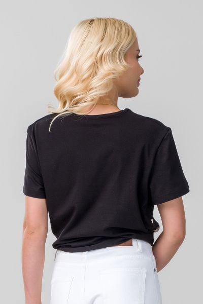 Kadın Bağlamalı Baskılı Viskon Kombinli Likralı Örme Kumaş Sıfır Yaka Tshirt XL - Siyah
