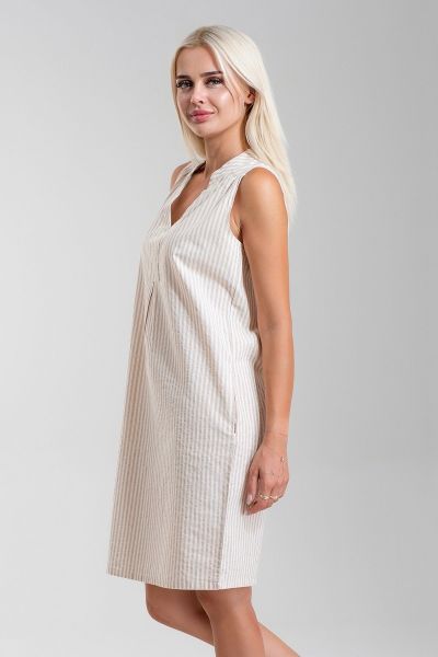 Cepli Yıkanmış Pamuk Likralı Elbise CAMEK EKRU ÇİZGİLİ - 3XL