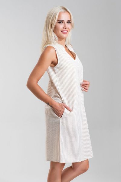 Cepli Yıkanmış Pamuk Likralı Elbise CAMEK EKRU ÇİZGİLİ - 3XL