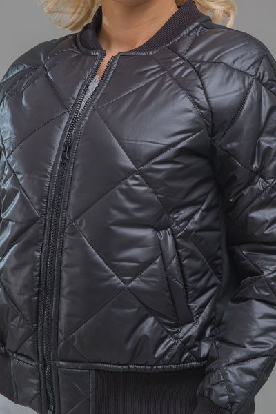 Kadın Siyah Ön Kapitoneli Flato Cepli Çelik Kumaş Kombinli Fermuarlı  Bomber Mont siyah kapitone - XL