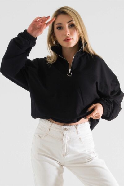 Kol Ucu , Etek Lastikli Yaka Fermuarlı Sweatshirt L - Siyah