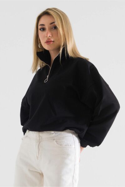 Kol Ucu , Etek Lastikli Yaka Fermuarlı Sweatshirt L - Siyah