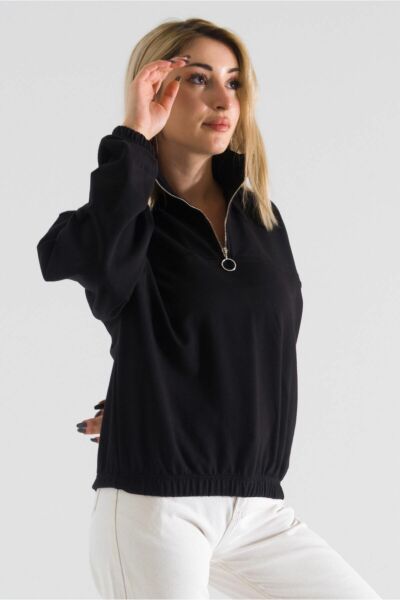 Kol Ucu , Etek Lastikli Yaka Fermuarlı Sweatshirt L - Siyah
